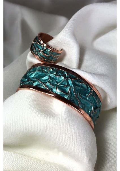 Turkuaz Bakır Bileklik ve Yüzük Seti, Yeşil Renk, şık ve doğal tasarım