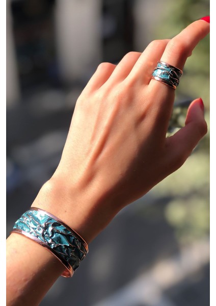 Turkuaz Bakır Bileklik ve Yüzük Seti, Yeşil Renk, şık ve doğal tasarım fiyatları