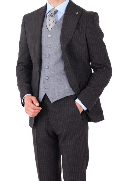 Slim Fit Viskon Karışımlı Yelekli Erkek Takım Elbise - Modern Kesim - KAW1002S
