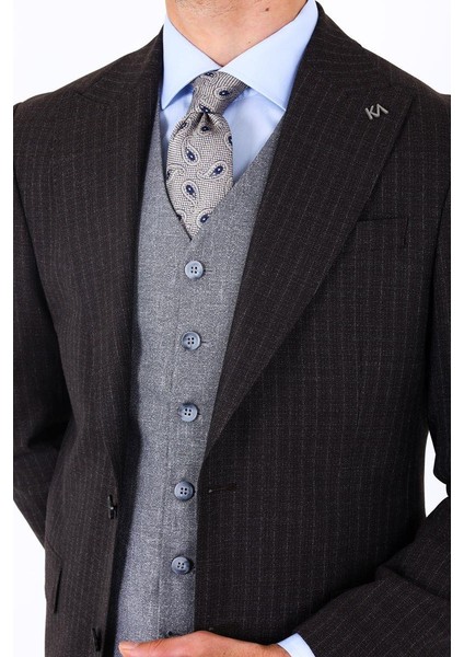 Slim Fit Viskon Karışımlı Yelekli Erkek Takım Elbise - Modern Kesim - KAW1002S