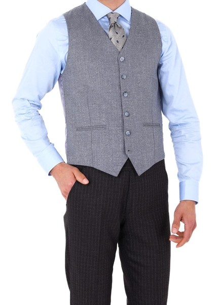 Slim Fit Viskon Karışımlı Yelekli Erkek Takım Elbise - Modern Kesim - KAW1002S