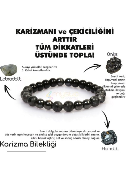 Doğal Taş Karizma Bileklik, Labradorit, Oniks, Hematit, Kahverengi, Şık ve Enerjik