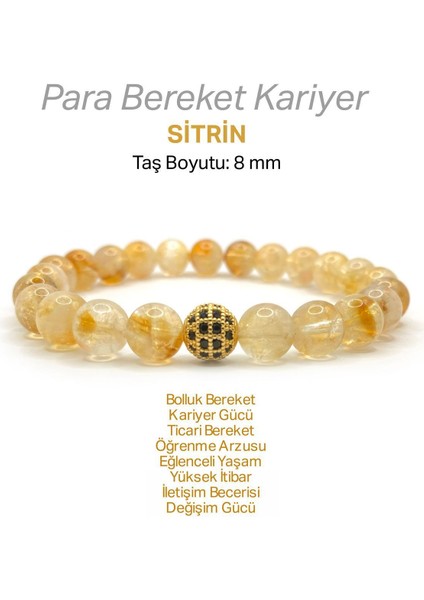Sitrin Doğal Taş Bileklik, Zirkon Detaylı, 8mm, Sarı Renkli, Zarif Takı