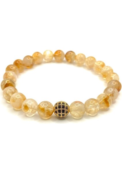 Sitrin Doğal Taş Bileklik, Zirkon Detaylı, 8mm, Sarı Renkli, Zarif Takı modelleri