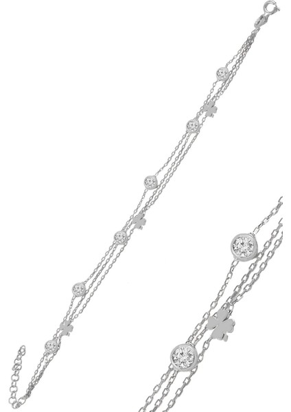 Zirkon taşlı yonca figürlü şık gümüş bileklik, 925 ayar, zarif tasarım