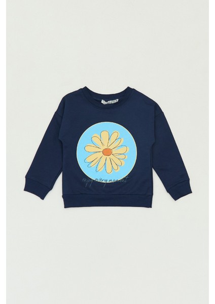 Papatya Baskılı Bisiklet Yaka Kız Çocuk Sweatshirt
