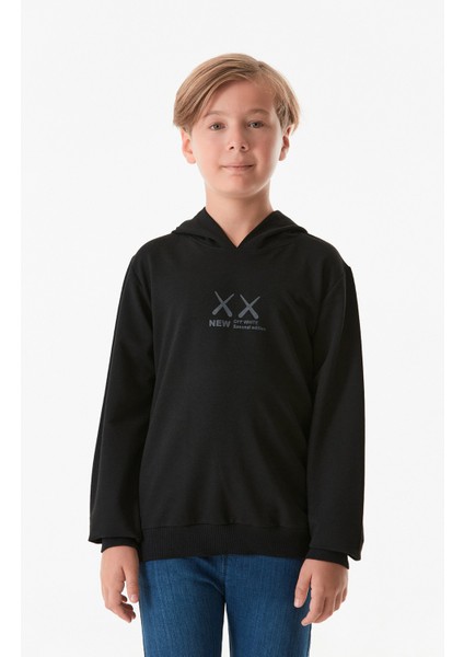 Yazı Baskılı Kapüşonlu Erkek Çocuk Sweatshirt
