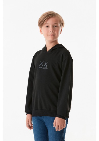 Yazı Baskılı Kapüşonlu Erkek Çocuk Sweatshirt
