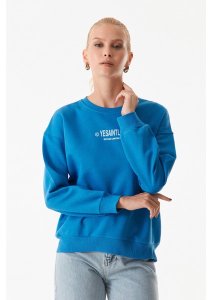 Yazı Baskılı Bisiklet Yaka Sweatshirt