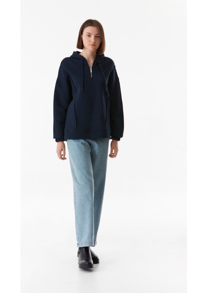 Basic Yarım Fermuarlı Kapüşonlu Sweatshirt fırsatları