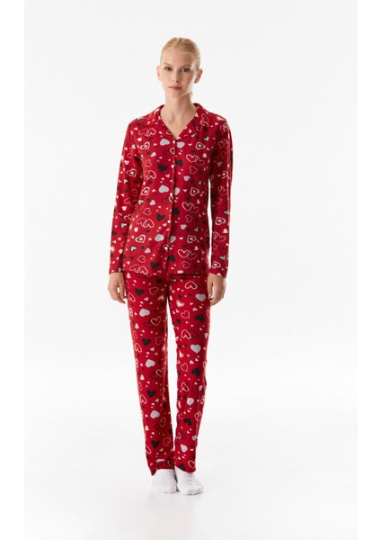 Kalp Desenli Gömlek Yaka Pijama Takımı
