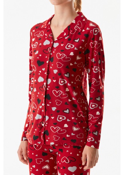 Kalp Desenli Gömlek Yaka Pijama Takımı indirimleri