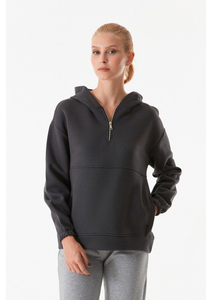 Basic Oversize Yarım Fermuarlı Kapüşonlu Sweatshirt