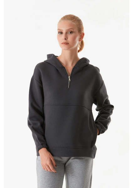 Basic Oversize Yarım Fermuarlı Kapüşonlu Sweatshirt