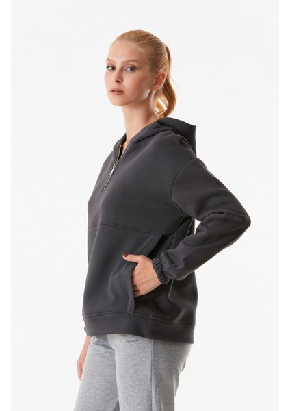 Basic Oversize Yarım Fermuarlı Kapüşonlu Sweatshirt