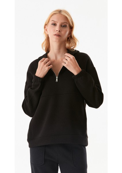 Basic Oversize Yarım Fermuarlı Kapüşonlu Sweatshirt