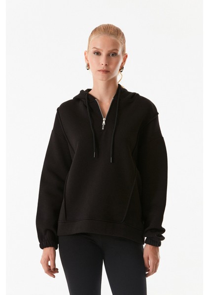 Basic Yarım Fermuarlı Kapüşonlu Sweatshirt