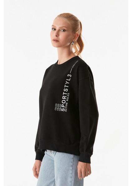 Yazı Baskılı Bisiklet Yaka Sweatshirt