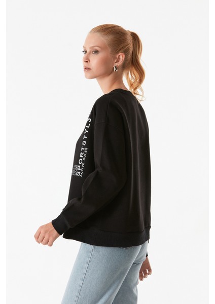 Yazı Baskılı Bisiklet Yaka Sweatshirt