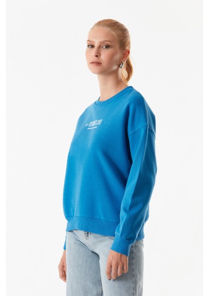 Yazı Baskılı Bisiklet Yaka Sweatshirt