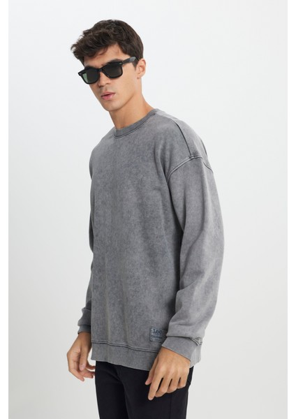 Loose Fit Rahat Kesim Bisiklet Yaka %100 Pamuk Antrasit Sweatshirt