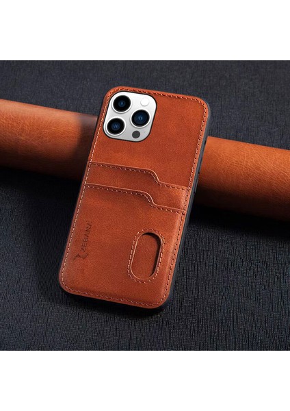 iPhone 16 Pro Max Uyumlu Kılıf Kartlıklı Lüx Deri Kılıf Kahverengi