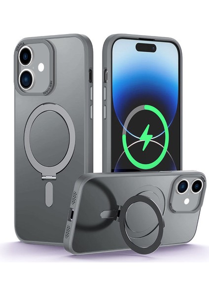iPhone 16 Plus Uyumlu Kılıf First Class Standlı Silikon Kılıf Kablosuz Şarj Destekli Gri