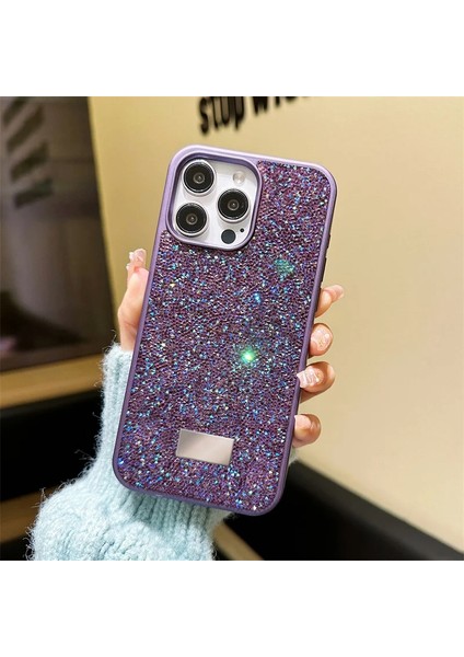 iPhone 16 Pro Uyumlu Kılıf Swarovski Taşlı Star Glitter Silikon Kılıf Derin Mor