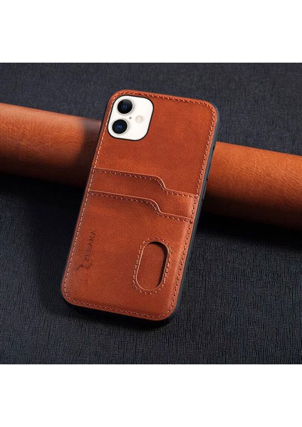 iPhone 16 Plus Uyumlu Kılıf Kartlıklı Lüx Deri Kılıf Kahverengi