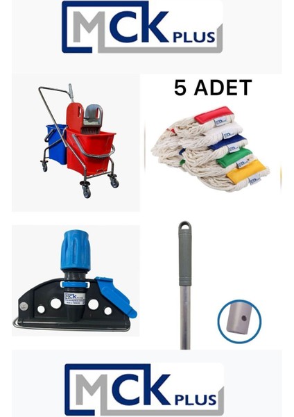 Çift Kovalı Krom Temizlik Arabası Set, Kırmızı ve Mavi renk seçenekleriyle