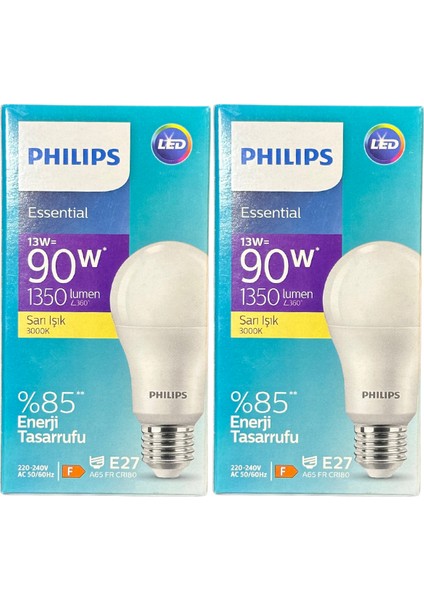 13W (90W) 3000K (Sarı Işık) E27 Duylu Klasik LED Ampul (2 Adet)