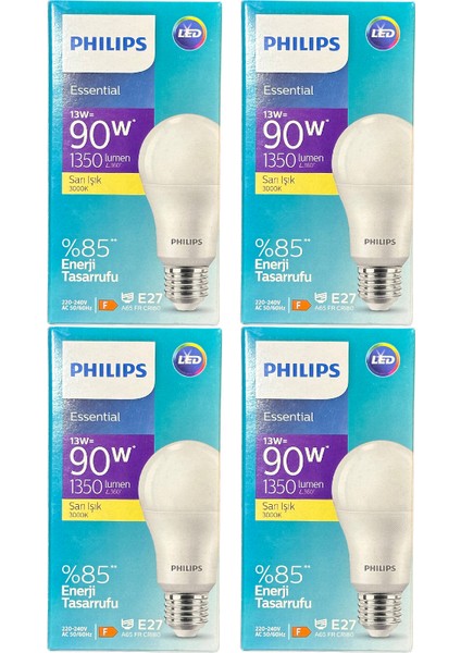 13W (90W) 3000K (Sarı Işık) E27 Duylu Klasik LED Ampul (4 Adet)