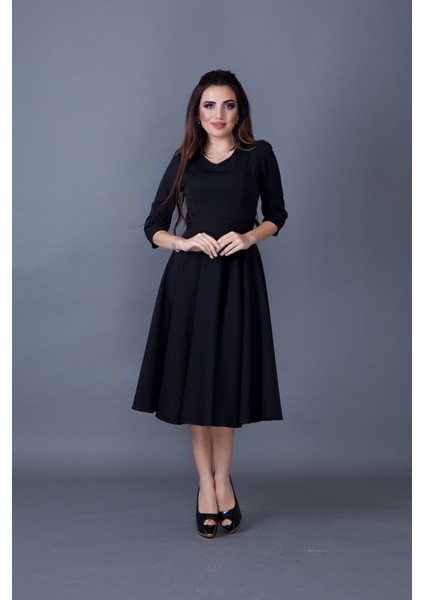 Truvakar Kol V Yaka Cepli Dokuma Dökümlü Kumaş Kloş Midi Boy Elbise