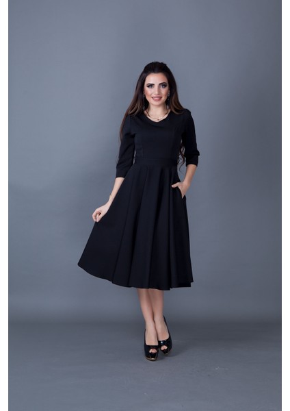 Truvakar Kol V Yaka Cepli Dokuma Dökümlü Kumaş Kloş Midi Boy Elbise fiyatları