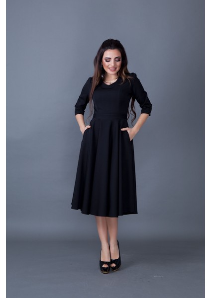 Truvakar Kol V Yaka Cepli Dokuma Dökümlü Kumaş Kloş Midi Boy Elbise modelleri