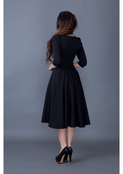 Truvakar Kol V Yaka Cepli Dokuma Dökümlü Kumaş Kloş Midi Boy Elbise fırsatları