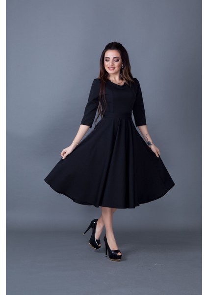 Truvakar Kol V Yaka Cepli Dokuma Dökümlü Kumaş Kloş Midi Boy Elbise indirimleri