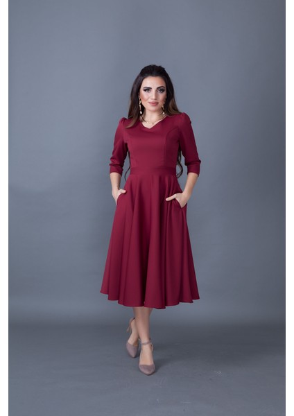 Truvakar Kol V Yaka Cepli Dokuma Dökümlü Kumaş Kloş Midi Boy Elbise