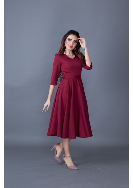 Truvakar Kol V Yaka Cepli Dokuma Dökümlü Kumaş Kloş Midi Boy Elbise fiyatları