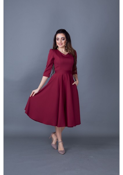 Truvakar Kol V Yaka Cepli Dokuma Dökümlü Kumaş Kloş Midi Boy Elbise modelleri