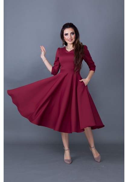 Truvakar Kol V Yaka Cepli Dokuma Dökümlü Kumaş Kloş Midi Boy Elbise indirimleri