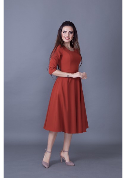 Truvakar Kol V Yaka Cepli Dokuma Dökümlü Kumaş Kloş Midi Boy Elbise fiyatları