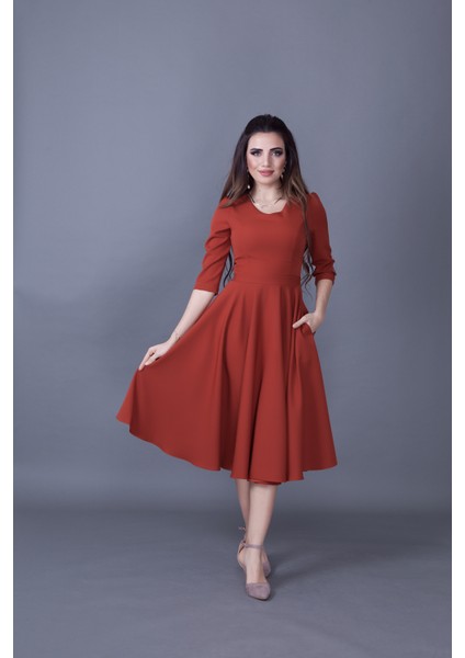 Truvakar Kol V Yaka Cepli Dokuma Dökümlü Kumaş Kloş Midi Boy Elbise modelleri