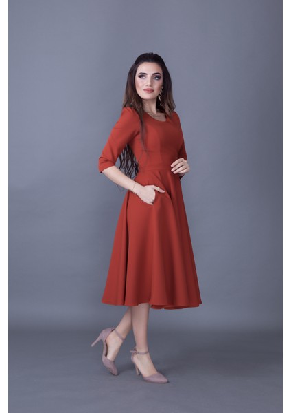 Truvakar Kol V Yaka Cepli Dokuma Dökümlü Kumaş Kloş Midi Boy Elbise fırsatları