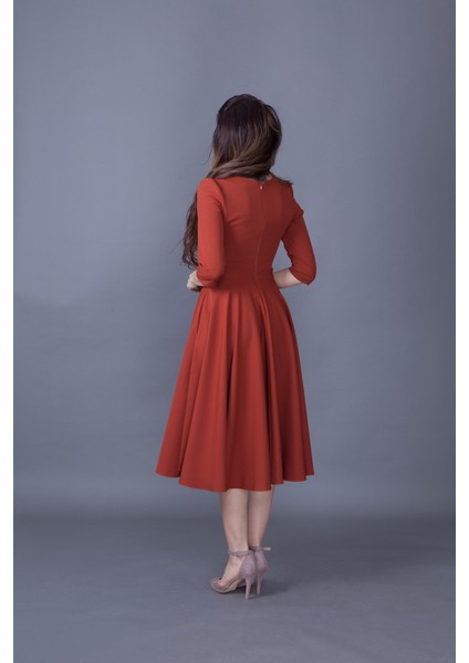 Truvakar Kol V Yaka Cepli Dokuma Dökümlü Kumaş Kloş Midi Boy Elbise indirimleri