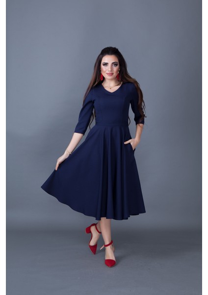 Truvakar Kol V Yaka Cepli Dokuma Dökümlü Kumaş Kloş Midi Boy Elbise