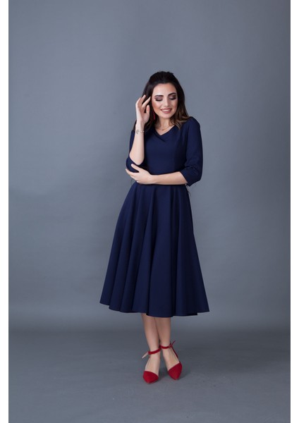 Truvakar Kol V Yaka Cepli Dokuma Dökümlü Kumaş Kloş Midi Boy Elbise modelleri