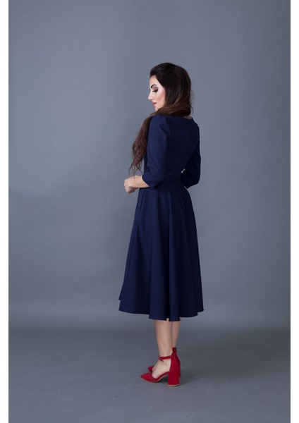 Truvakar Kol V Yaka Cepli Dokuma Dökümlü Kumaş Kloş Midi Boy Elbise fırsatları