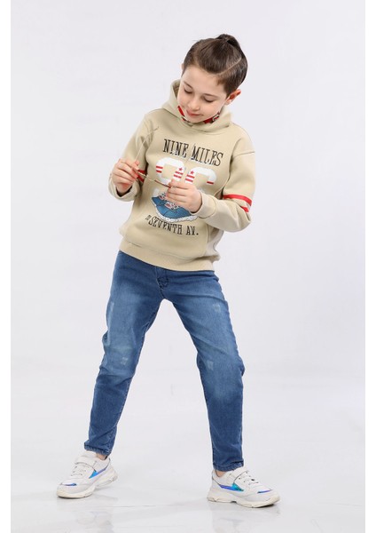 Erkek Çocuk Üç Ip Içi Şardonlu Baskılı Kapüşonlu Kışlık Sweatshirt Bej MRN7016 fiyatları