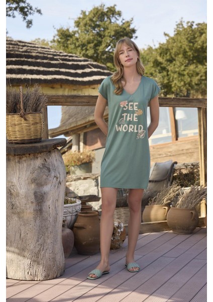 Kadın Dantelli ve Baskılı "see The World" Gecelik 24114 fiyatları